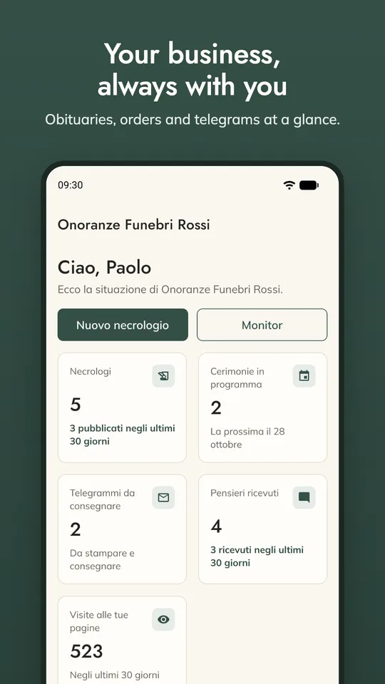 The Necrologi360 Business app on a phone