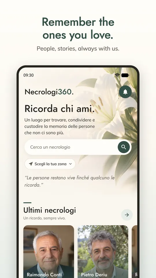 The Necrologi360 app on a phone